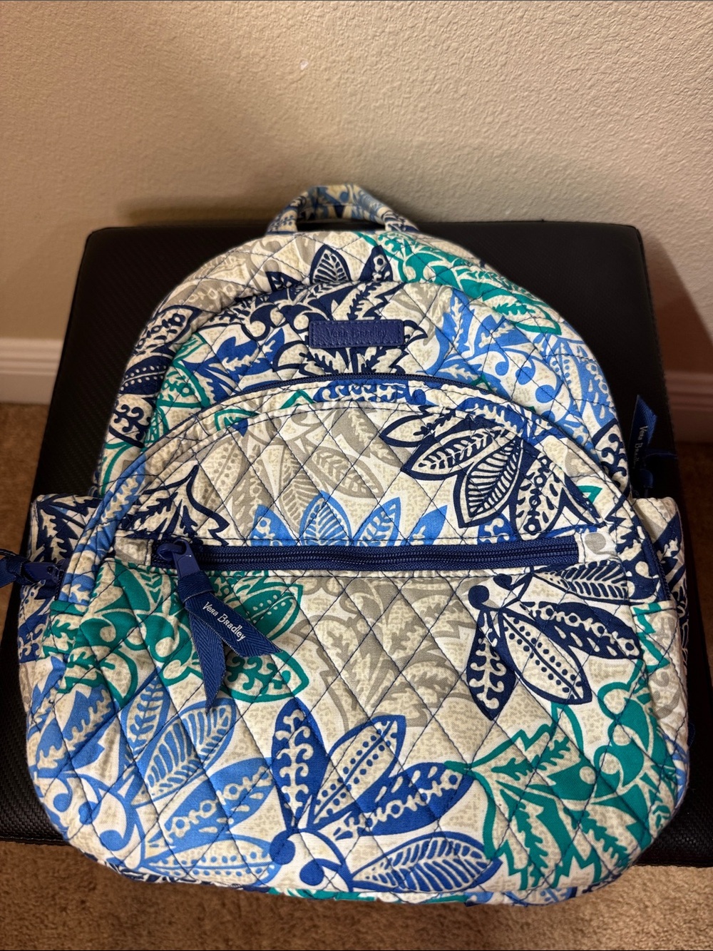 Vera Bradley Quilted Floral Backpack in Blue, Teal & Cream